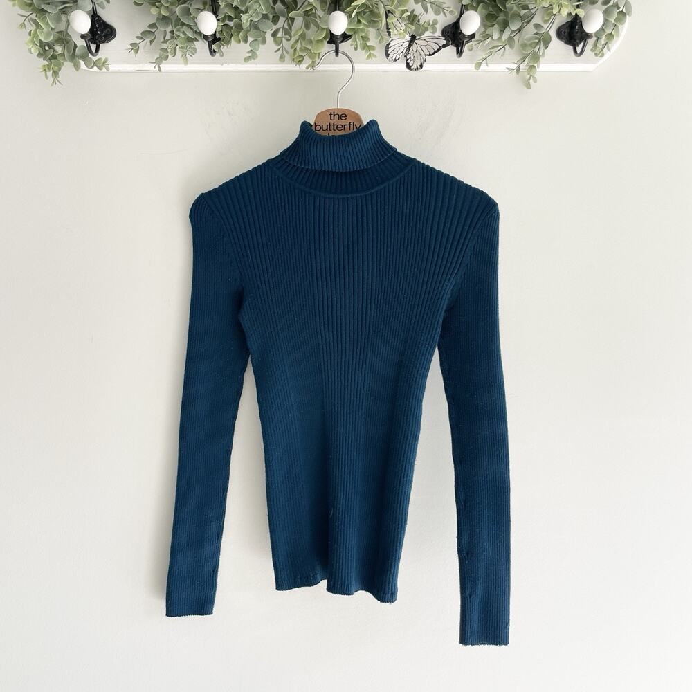 Title Nine Blue Ribbed Stretchy Casual Long Sleeve Turtle Neck Sweater Size S AA